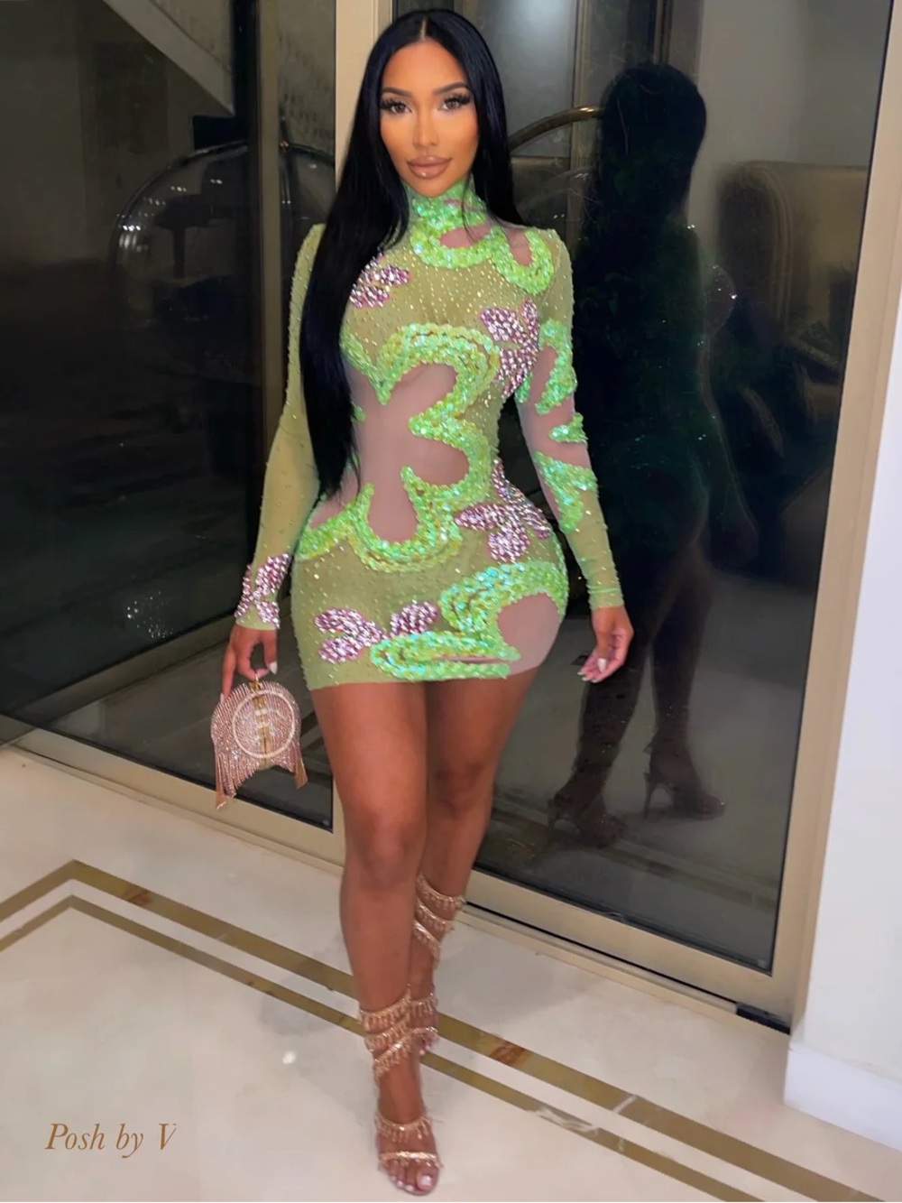 Posh by V Neon Green Embellished Sheer Bodycon Mini Dress